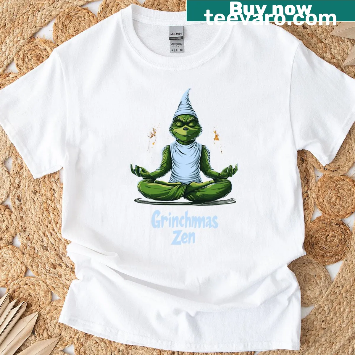 T-shirt featuring a whimsical Grinch graphic with a zen theme — on a men's t-shirt