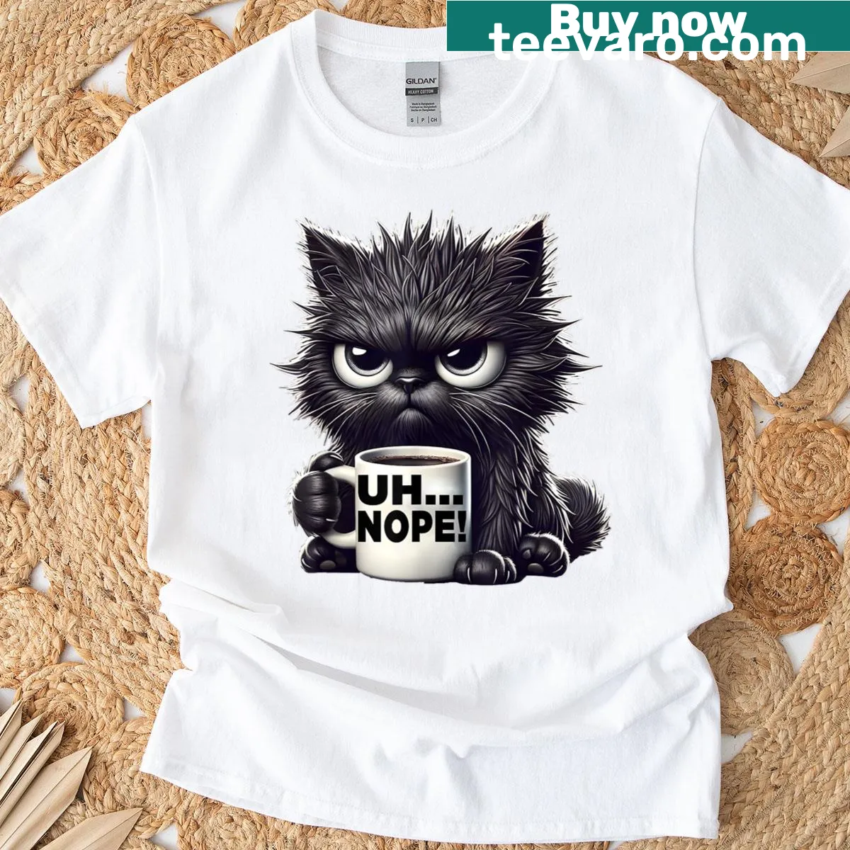 Funny cat graphic tee with a grumpy cat and coffee illustration — on a men's t-shirt
