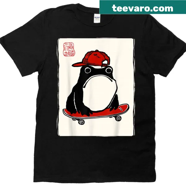 Funny T-shirt featuring a grumpy frog on a skateboard in cartoon style