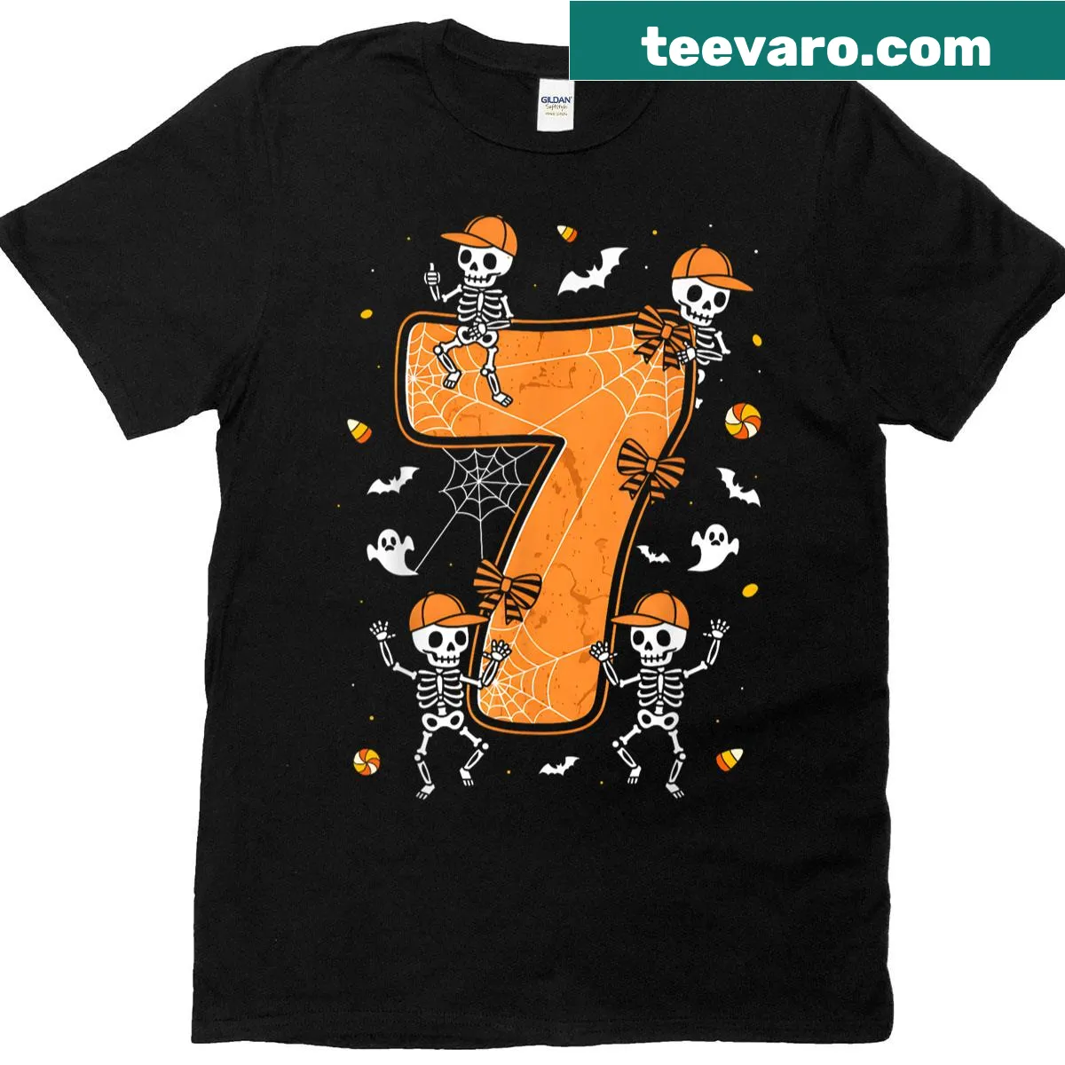 Couple Halloween meme t-shirt with '6 7' design and playful graphics — on a men's t-shirt