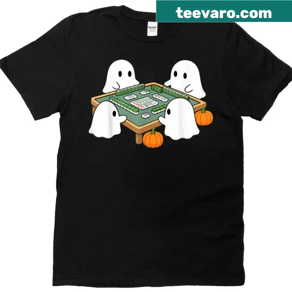Cartoon ghost playing mahjong on Halloween-themed t-shirt.