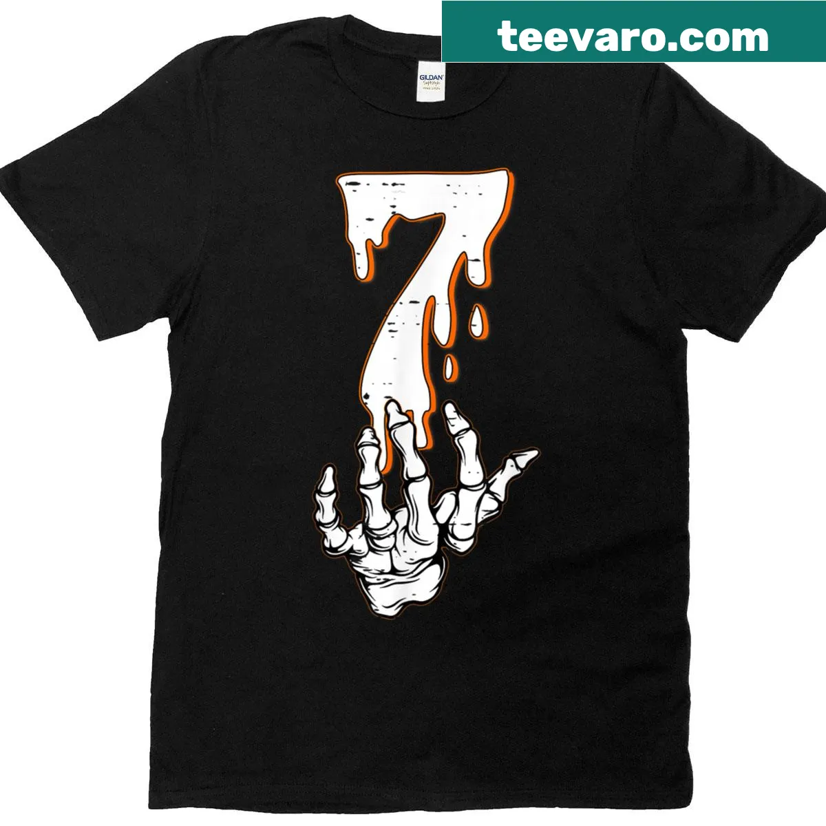 Cartoon skeleton hand with 67 meme Halloween t-shirt. — on a men's t-shirt