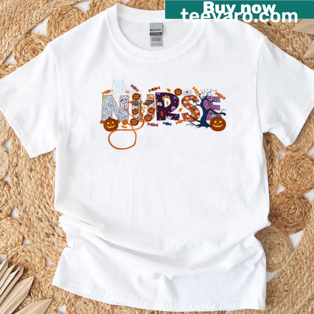 Funny Halloween nurse t-shirt with pumpkin and candy illustration — on a men's t-shirt