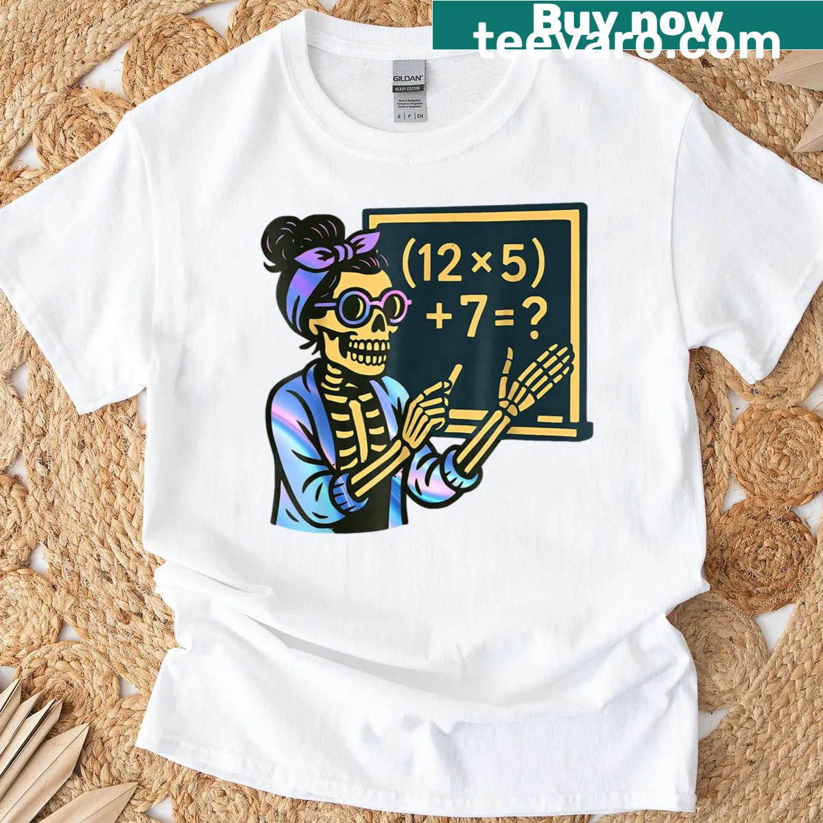Funny Halloween teacher t-shirt with skeleton and meme reference — on a men's t-shirt