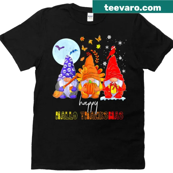 Whimsical gnomes celebrating Halloween, Thanksgiving, and Christmas on a t-shirt