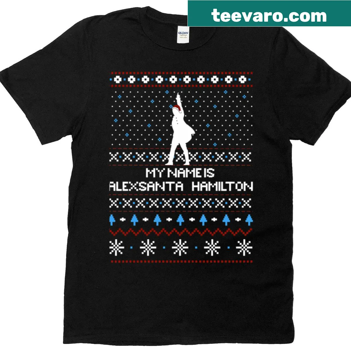 Funny Christmas t-shirt featuring Hamilton theme in ugly sweater style — on a men's t-shirt