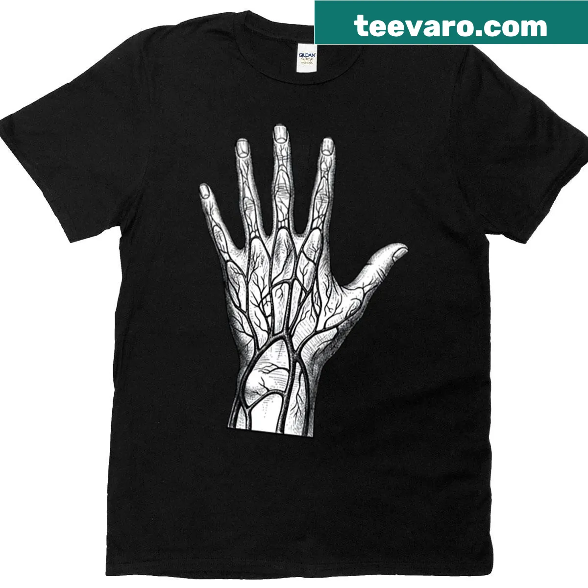 Humorous t-shirt featuring hand veins illustration — on a men's t-shirt