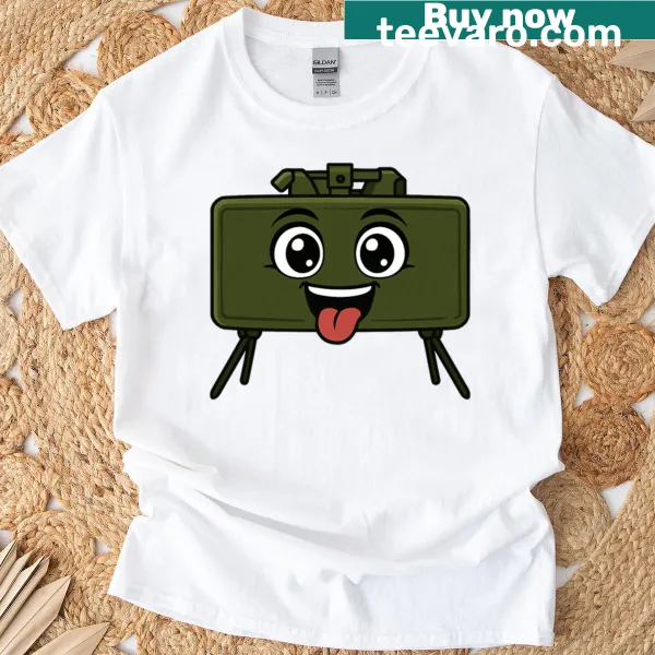 Cartoon claymore mine illustration with a funny face on a t-shirt