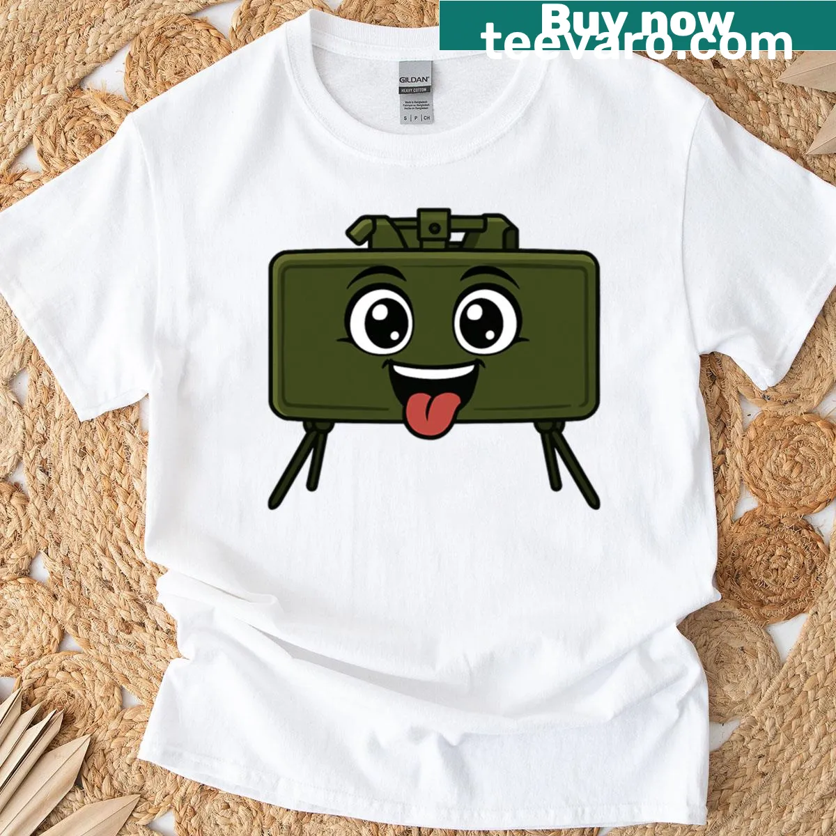 Cartoon claymore mine illustration with a funny face on a t-shirt — on a men's t-shirt