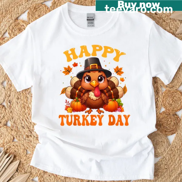 Cheerful Thanksgiving t-shirt with Happy Turkey Day text