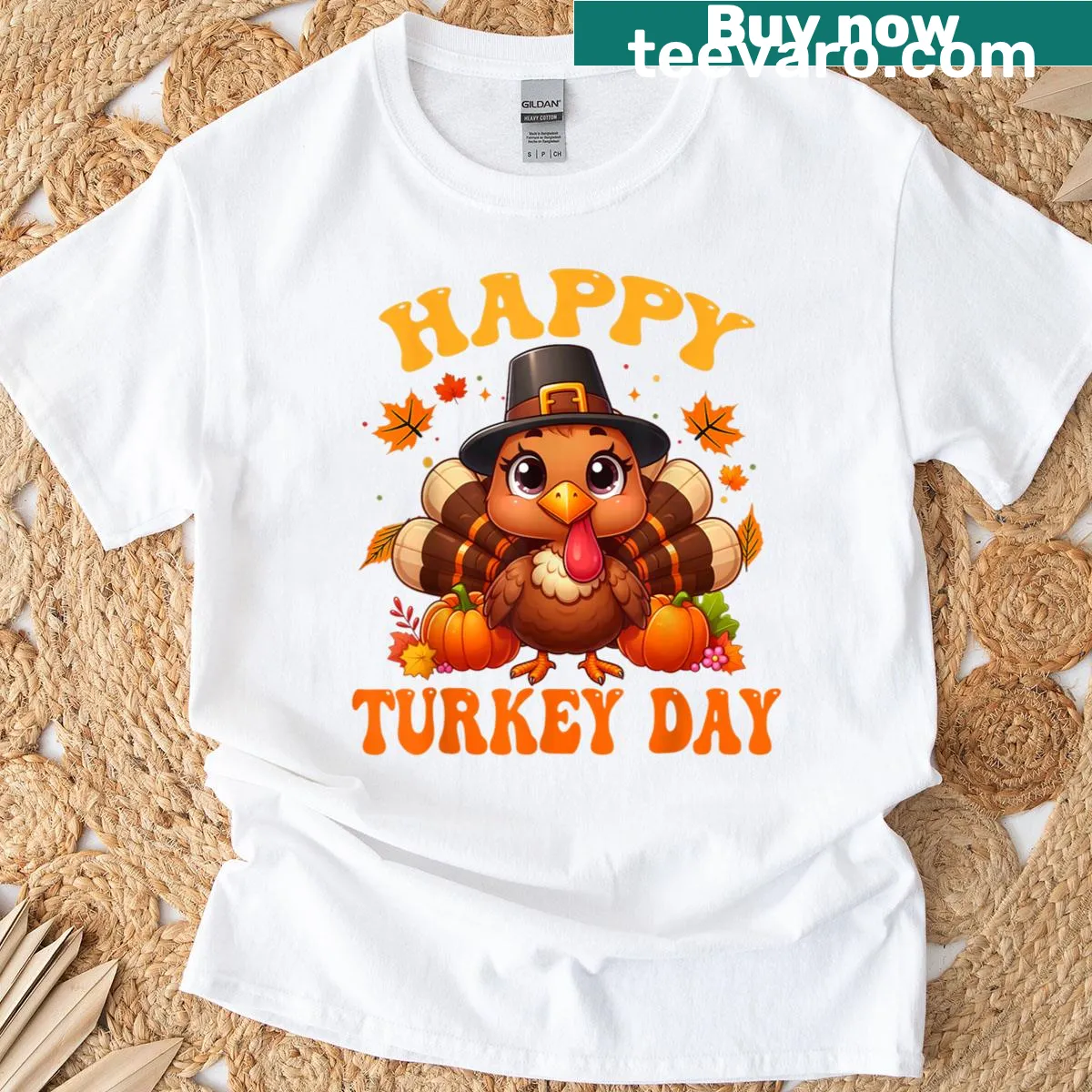 Cheerful Thanksgiving t-shirt with Happy Turkey Day text — on a men's t-shirt