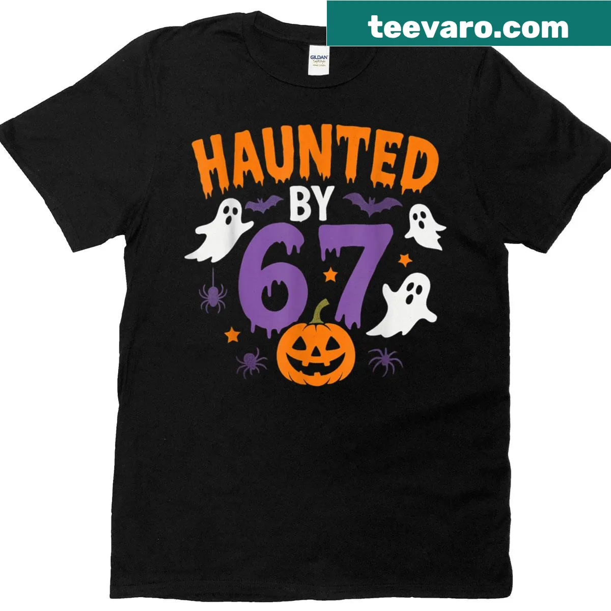 Funny Halloween t-shirt with 'Haunted By 67' text design — on a men's t-shirt