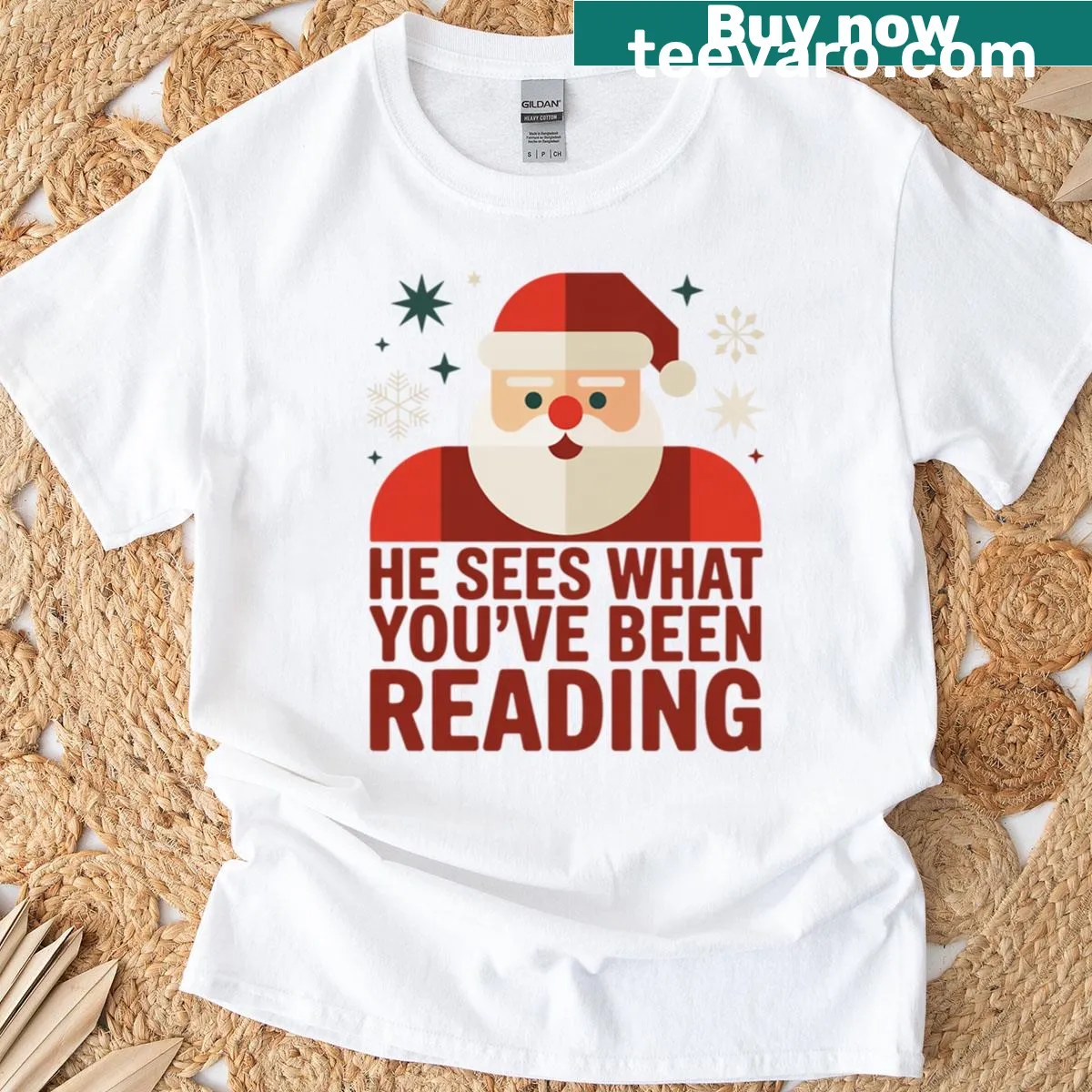 Cute Santa reading a book with a humorous touch — on a men's t-shirt