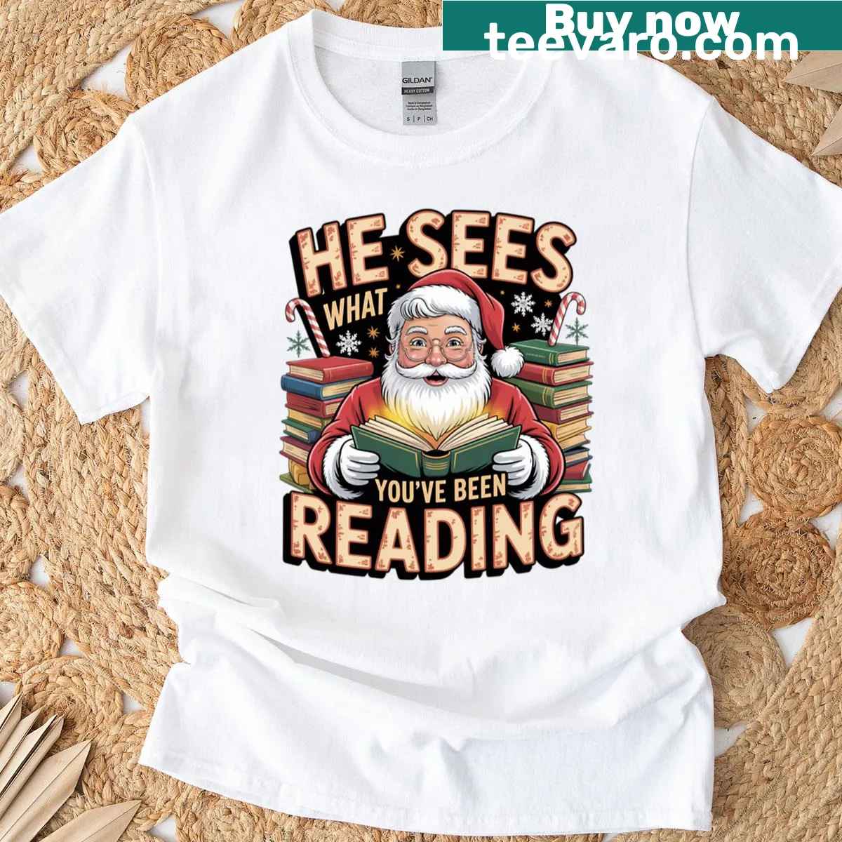 Retro Santa reading a book with a humorous twist — on a men's t-shirt