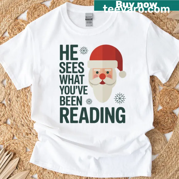 Humorous Santa meme about reading on a Christmas t-shirt