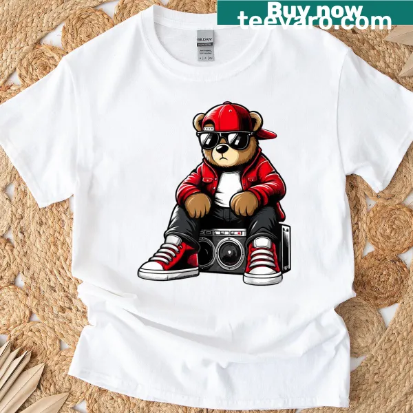 Cartoon teddy bear with headphones and rap-themed design