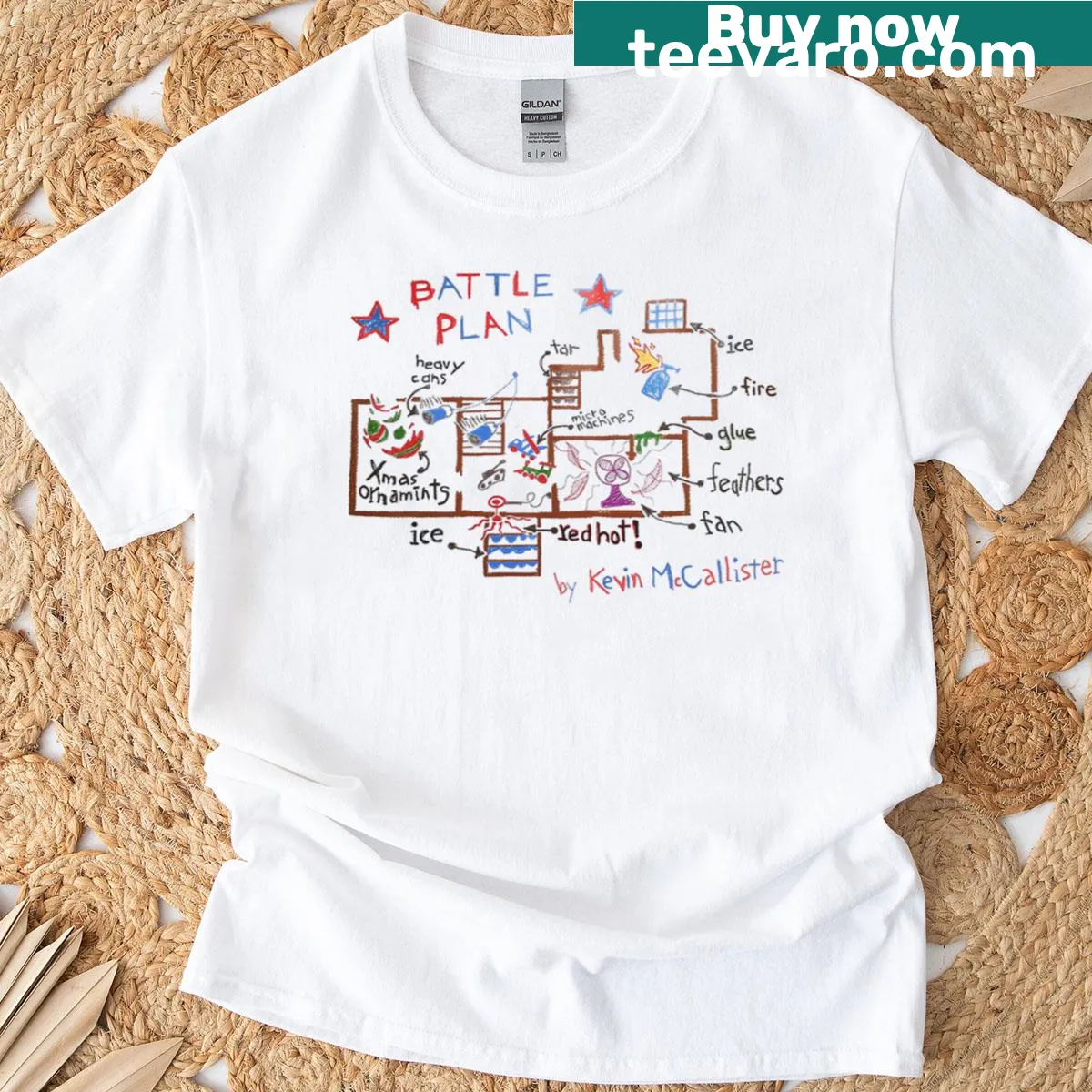 Funny graphic T-shirt featuring Kevin's battle plan from Home Alone — on a men's t-shirt