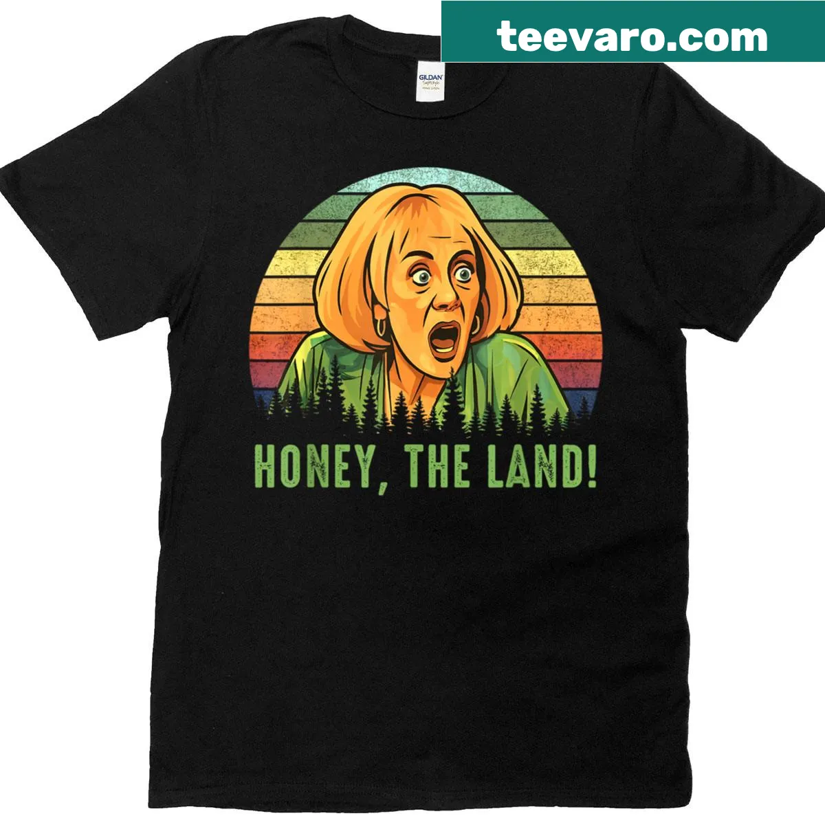 Retro sunset forest graphic t-shirt — on a men's t-shirt