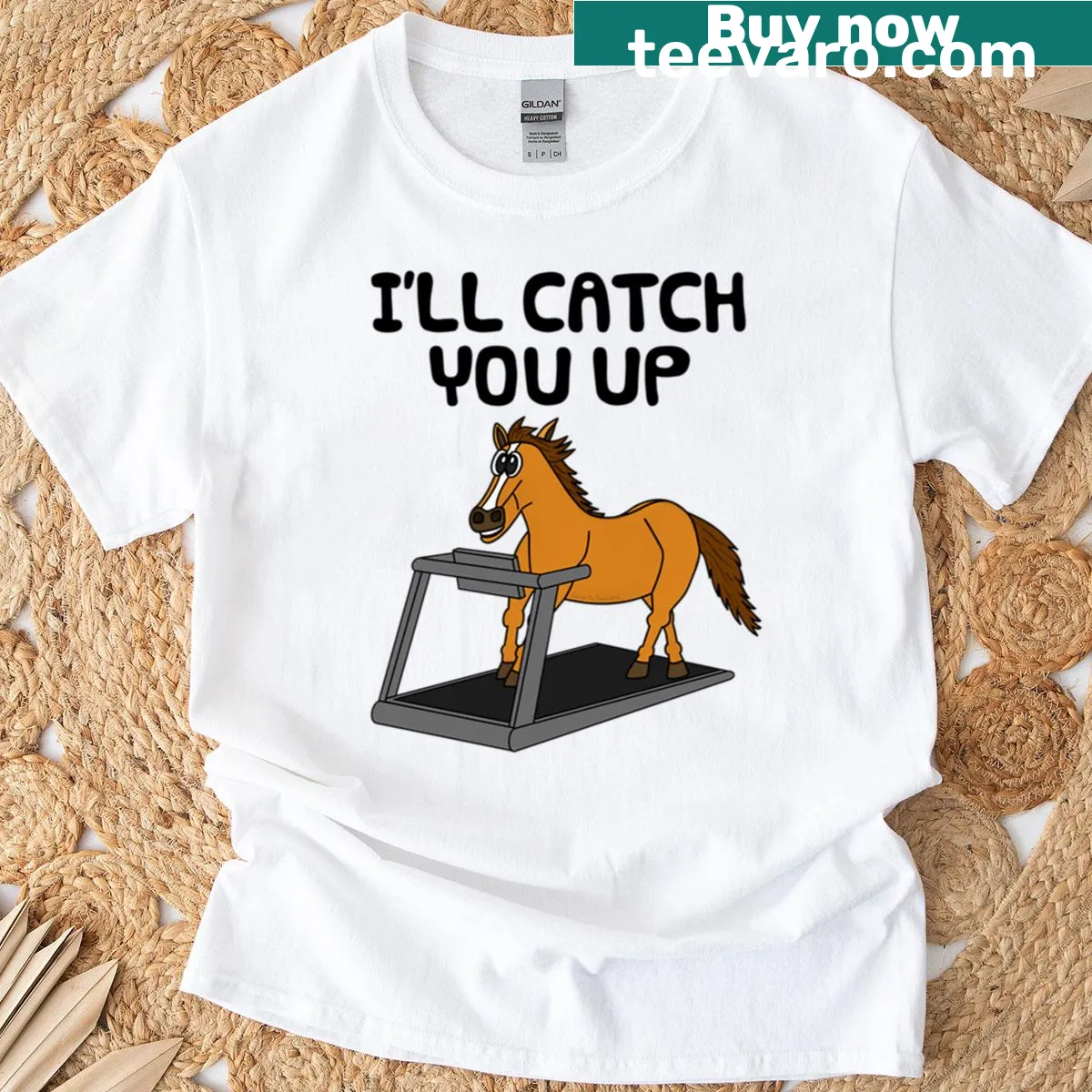 Cartoon horse on a treadmill with humorous fitness slogan — on a men's t-shirt