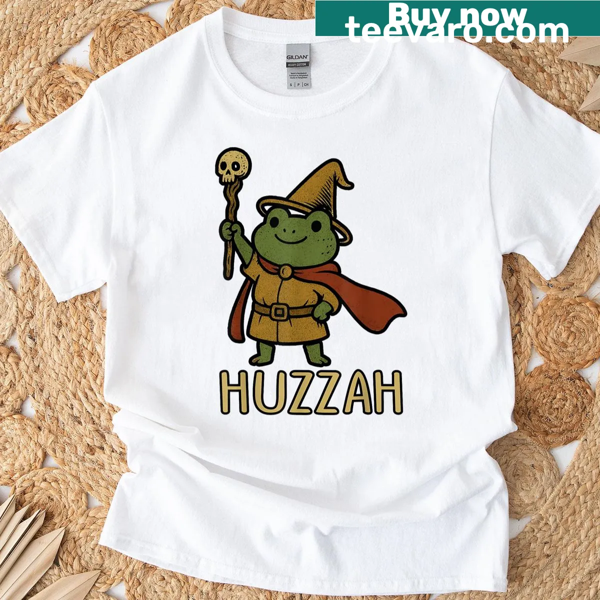 Charming frog wizard illustration in a whimsical style — on a men's t-shirt