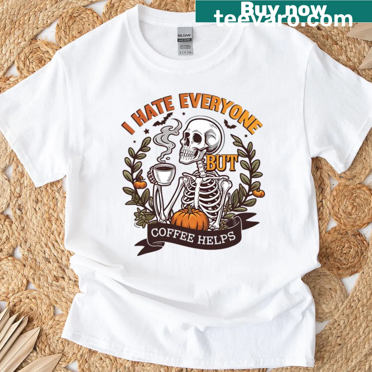 Halloween-themed T-shirt with coffee humor — on a men's t-shirt