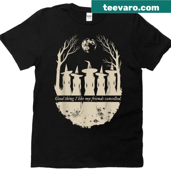 Illustration of a witch with the phrase 'I Like My Friends Cancelled' on a t-shirt