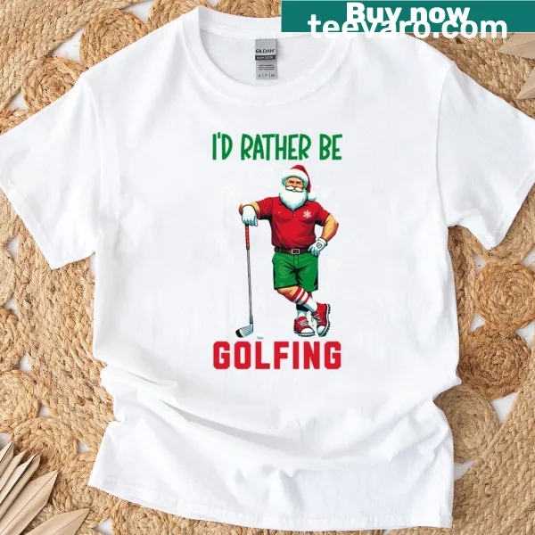 Funny Santa-themed golf T-shirt with text about golfing