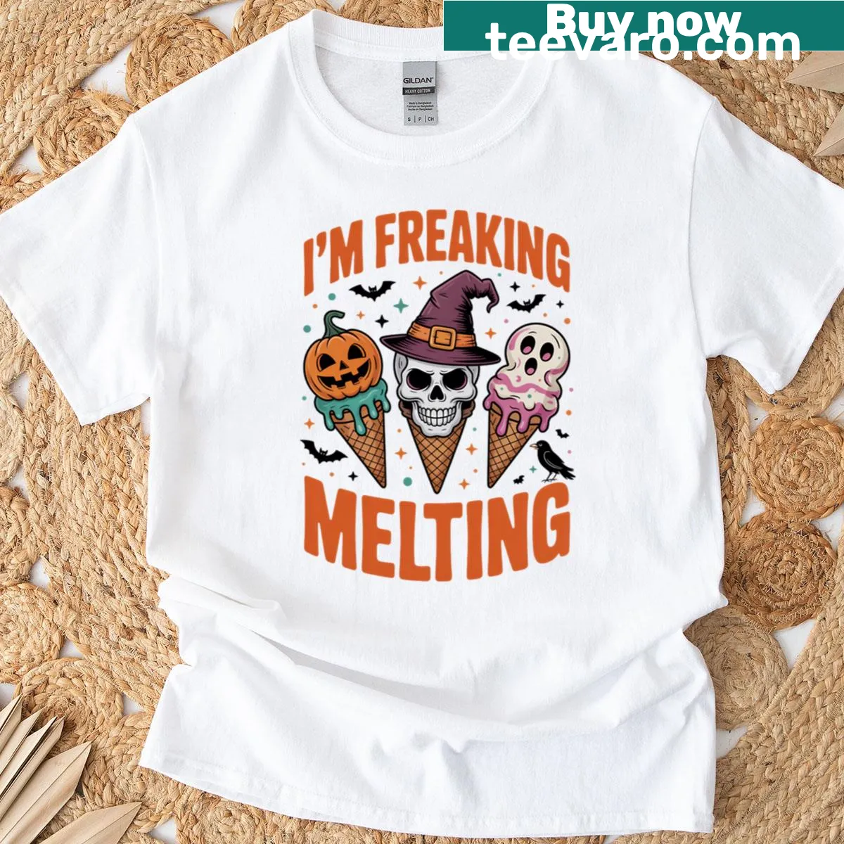 Oversized Halloween t-shirt featuring a melting witch illustration — on a men's t-shirt