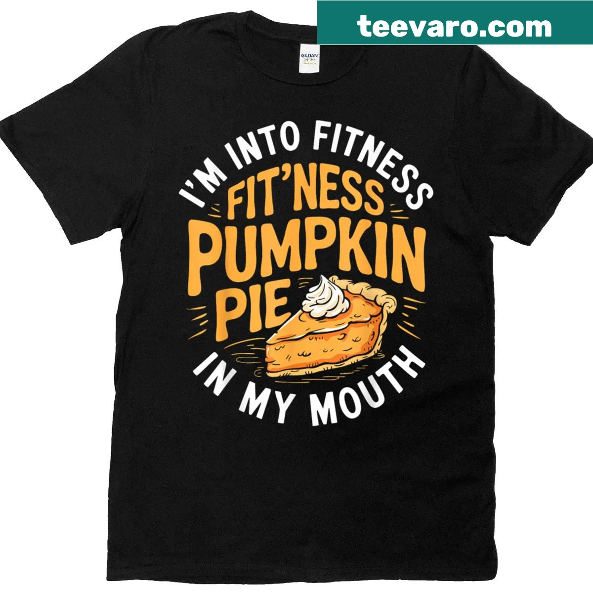 Thanksgiving t-shirt with humorous pumpkin pie and fitness graphic — on a men's t-shirt