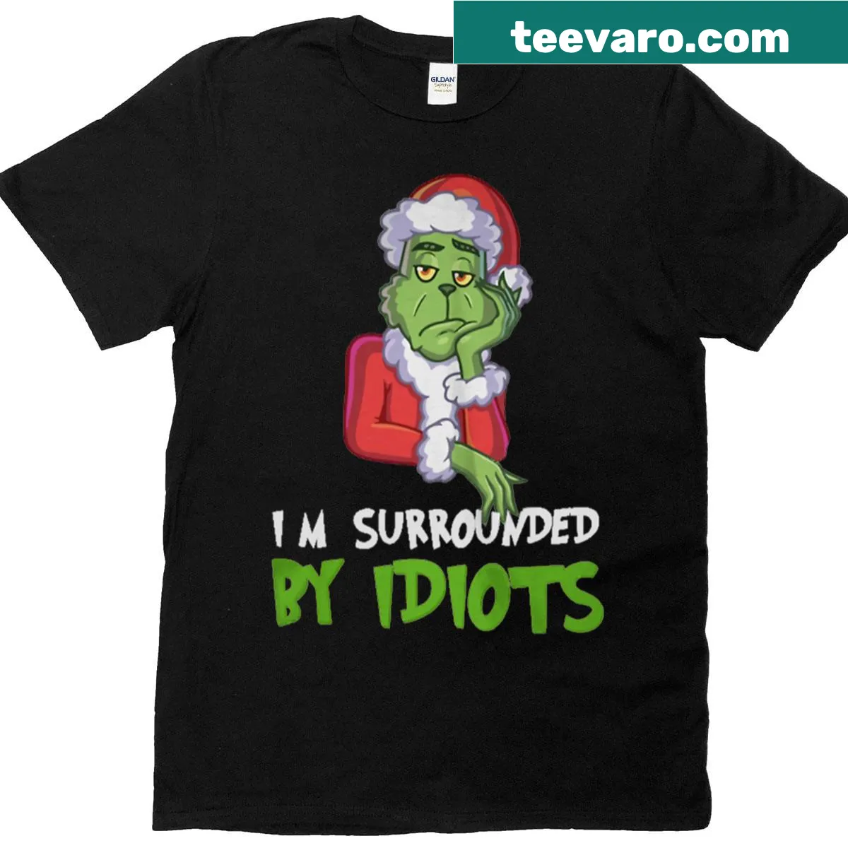 Funny Christmas t-shirt with text saying 'I'm Surrounded By Idiots' — on a men's t-shirt