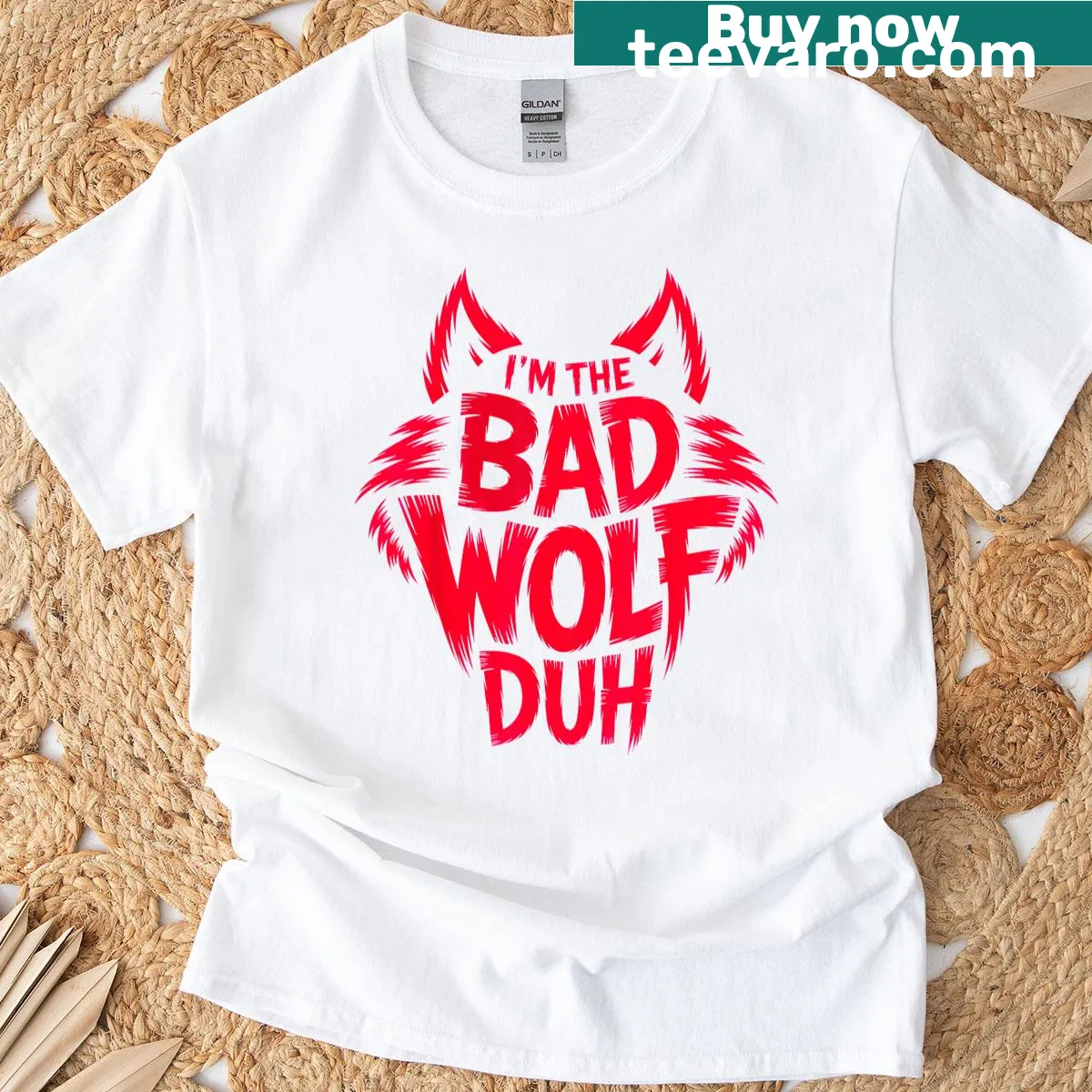 Funny Halloween T-shirt featuring 'I'm The Bad Wolf Duh' text and illustration. — on a men's t-shirt