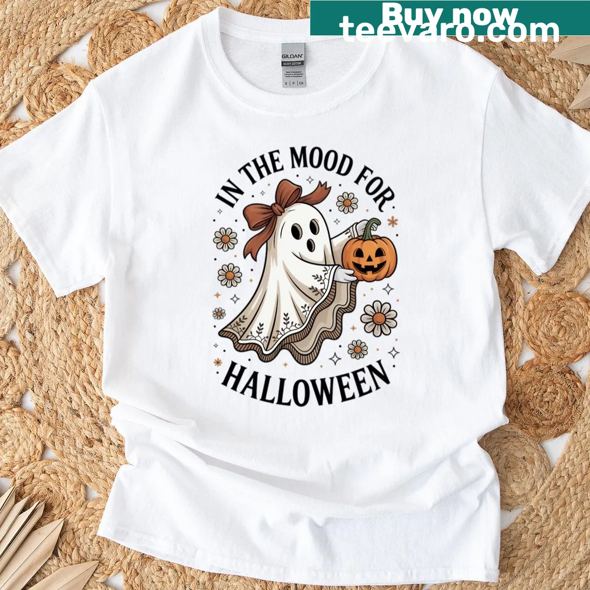 Oversized Halloween t-shirt featuring a friendly ghost illustration — on a men's t-shirt