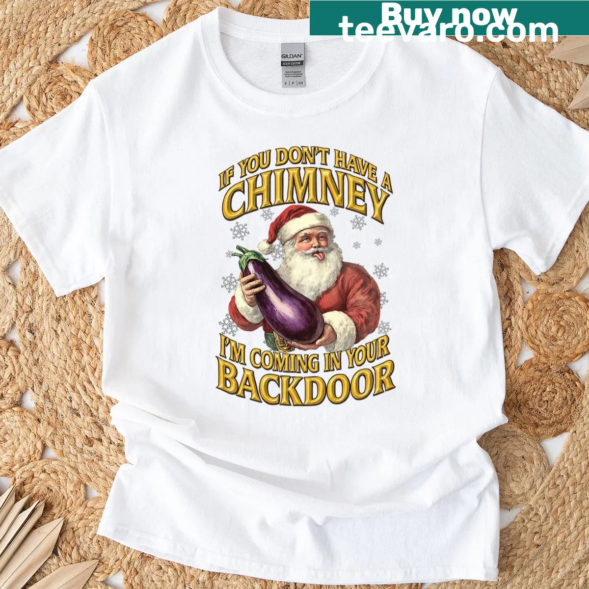 Christmas t-shirt featuring Santa and an eggplant in a humorous design — on a men's t-shirt