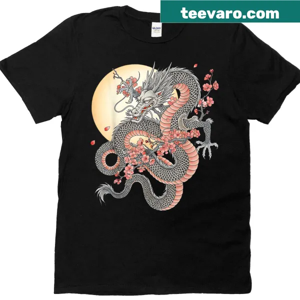 Japanese dragon with cherry blossoms and moon graphic T-shirt