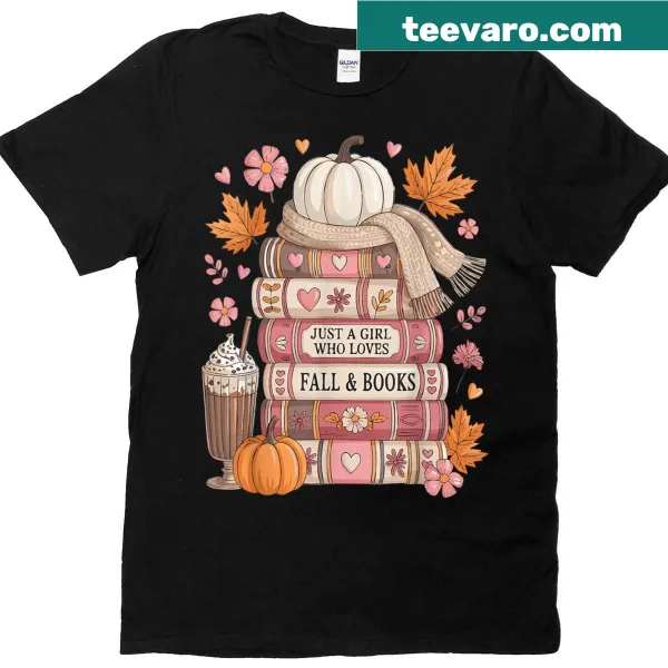 Fall-themed T-shirt with text about loving books