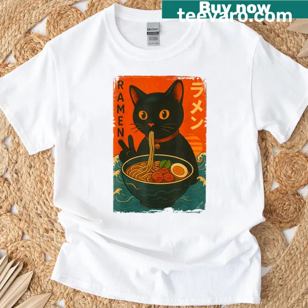 Retro Japanese cat ramen design on Kawaii T-shirt