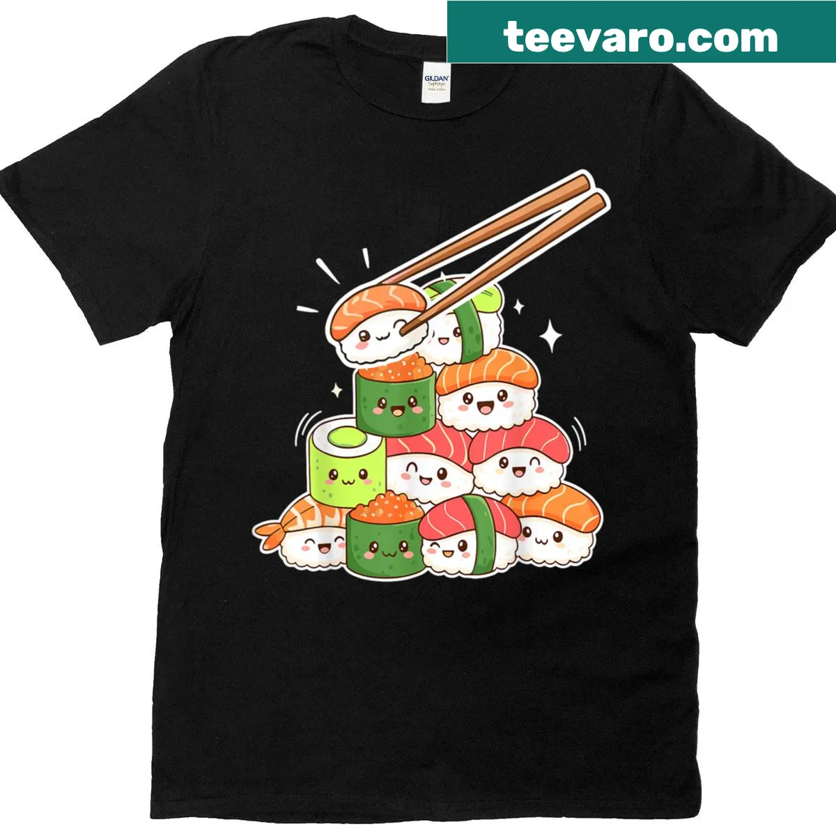 Kawaii anime sushi graphic t-shirt designed for food lovers — on a men's t-shirt
