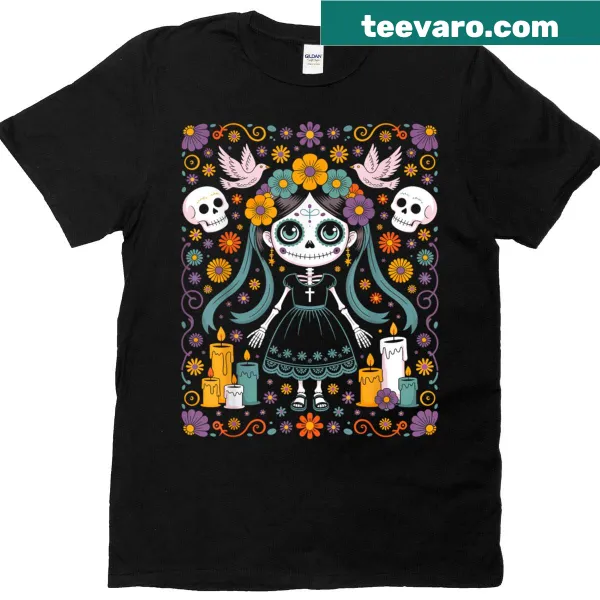 La Catrina skull design T-shirt featuring floral artwork