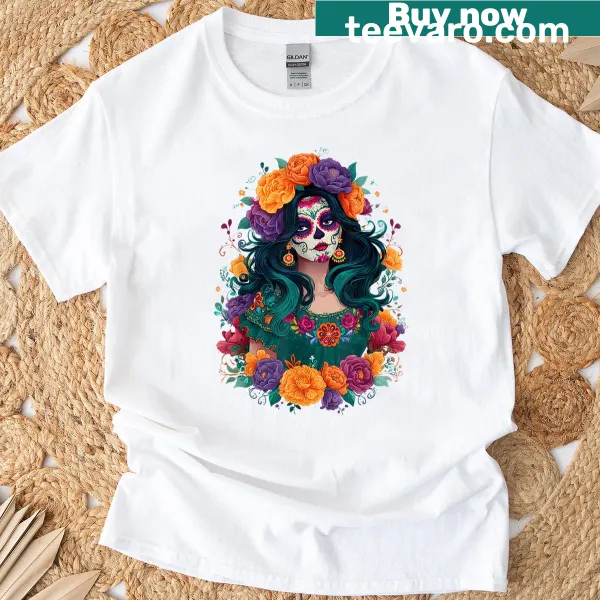 La Catrina sugar skull design on women's t-shirt for Dia de los Muertos