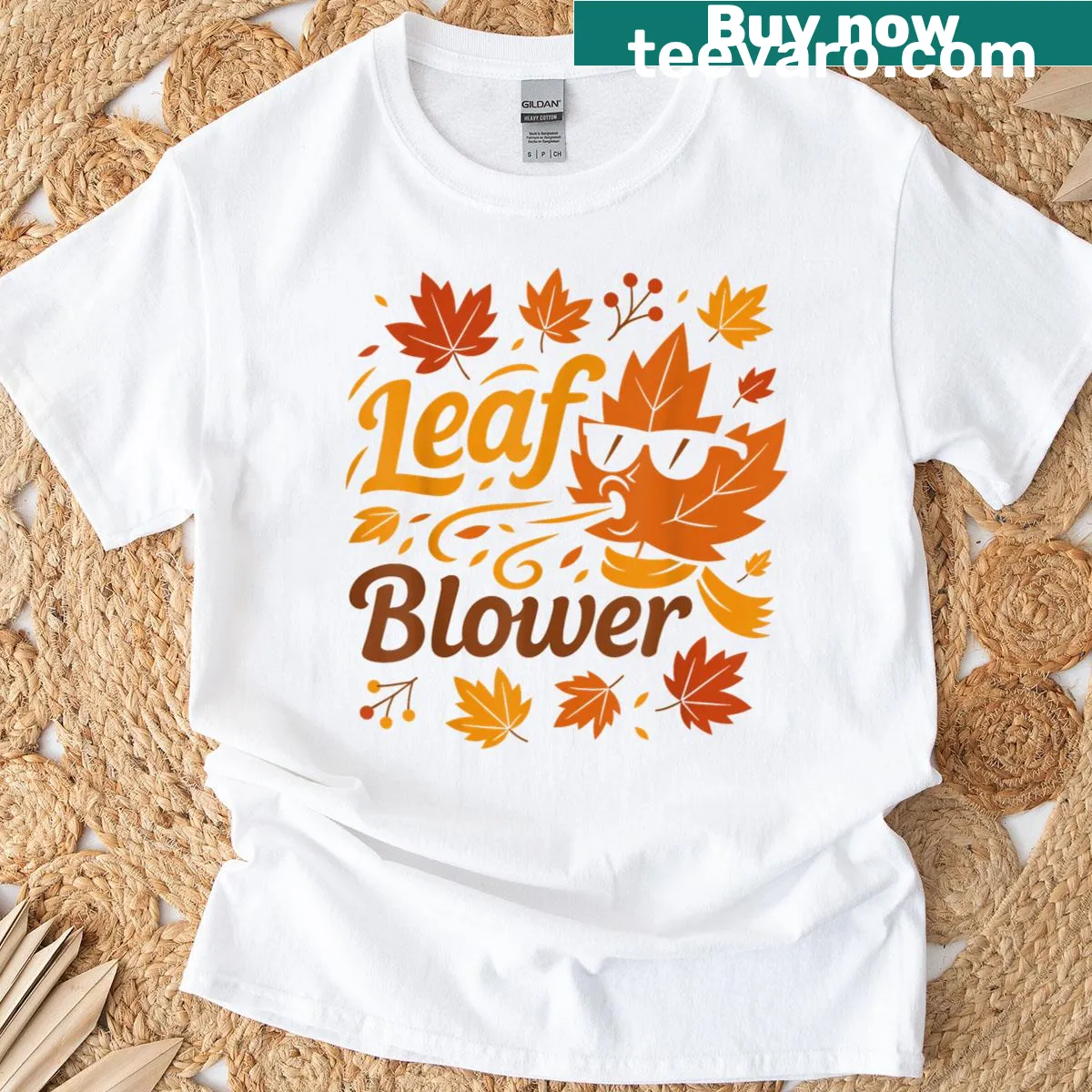 Humorous leaf blower t-shirt for couples — on a men's t-shirt