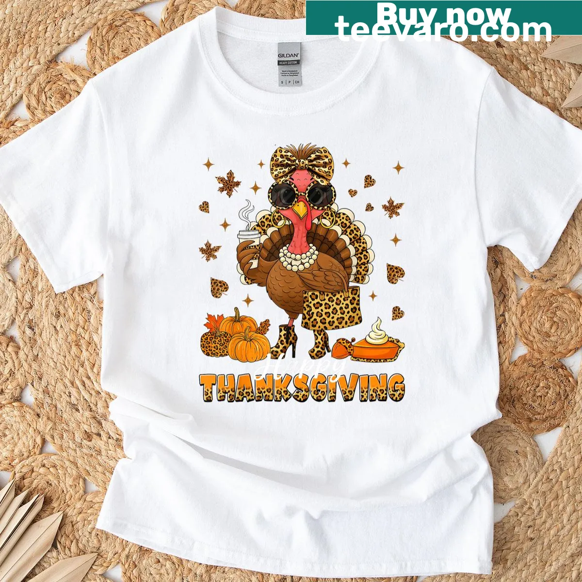 Thanksgiving T-shirt featuring a turkey drinking coffee with leopard print — on a men's t-shirt