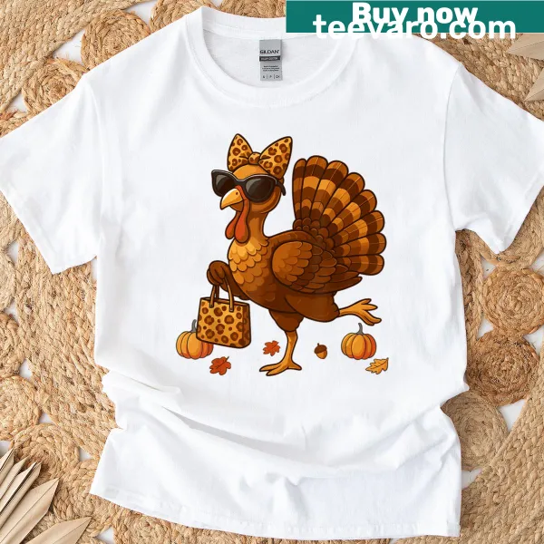 Funny Thanksgiving T-shirt featuring a leopard turkey in sunglasses.