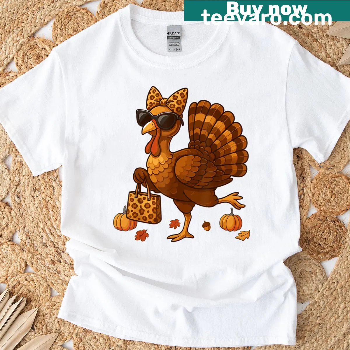 Funny Thanksgiving T-shirt featuring a leopard turkey in sunglasses. — on a men's t-shirt