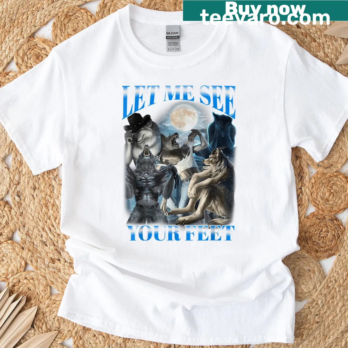 Funny wolf graphic t-shirt with meme text about feet — on a men's t-shirt