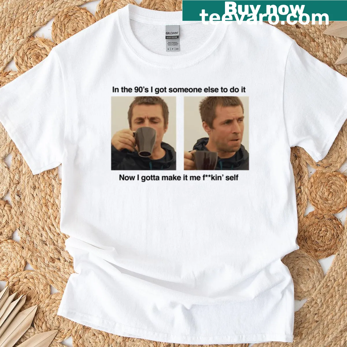 Liam Gallagher making tea graphic on T-shirt — on a men's t-shirt