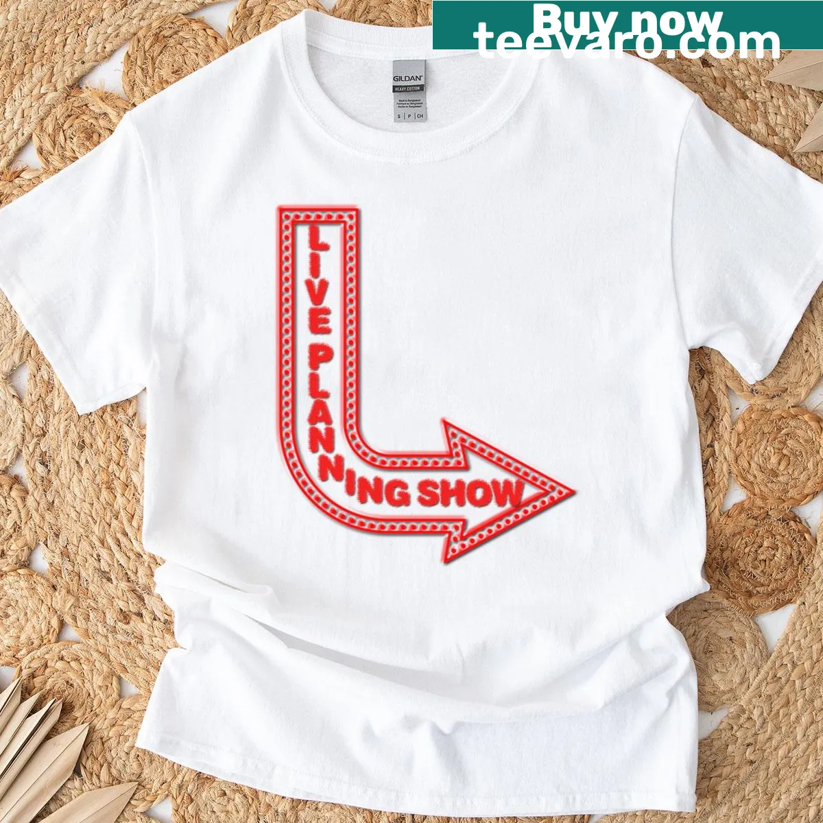 Minimalist typography t-shirt with Live Planning Show text — on a men's t-shirt