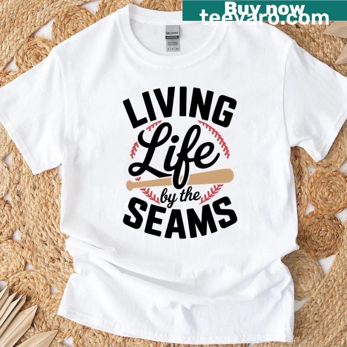 Playful typography t-shirt with the phrase 'Living Life By The Seams' — on a men's t-shirt