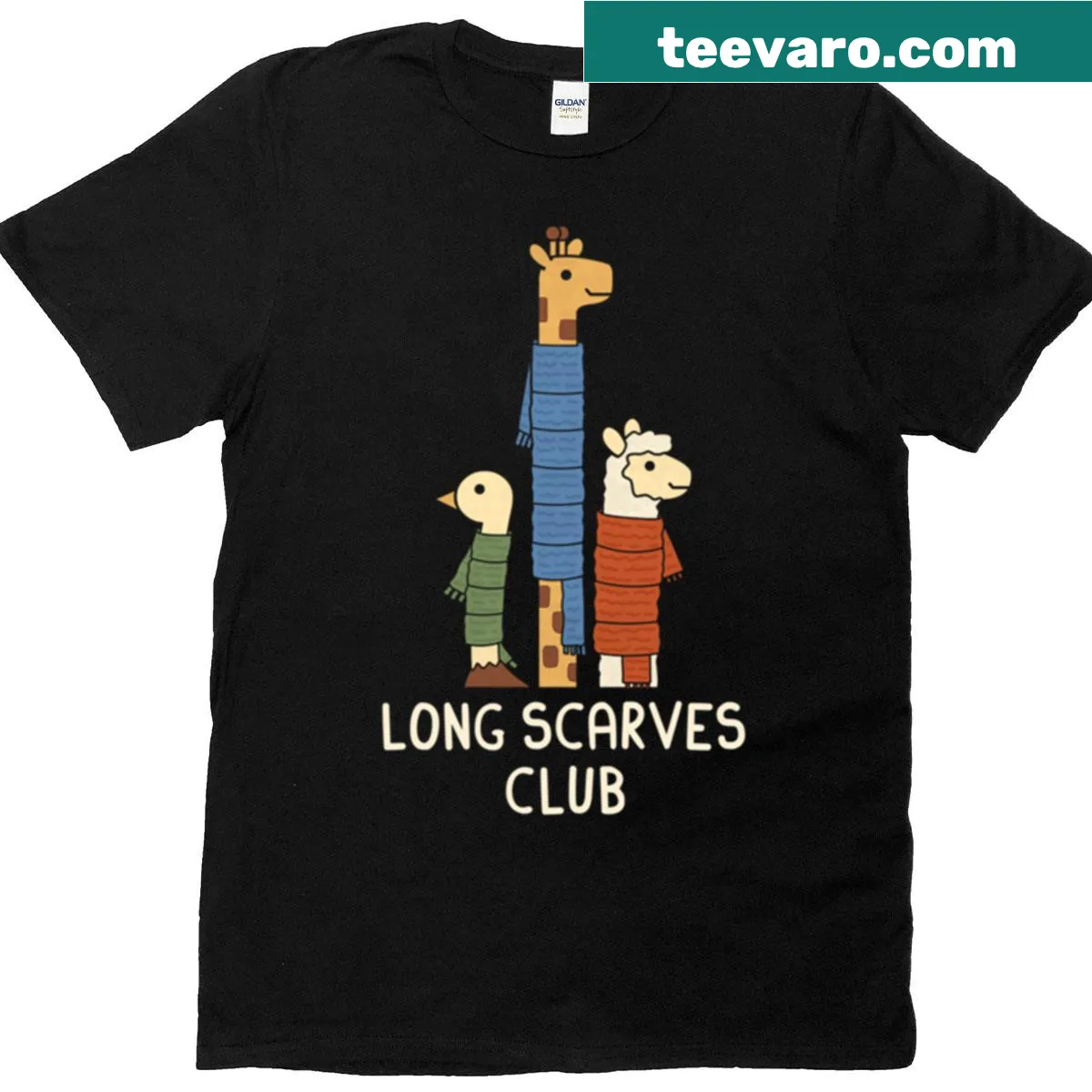 Playful graphic celebrating long scarves on a casual T-shirt — on a men's t-shirt