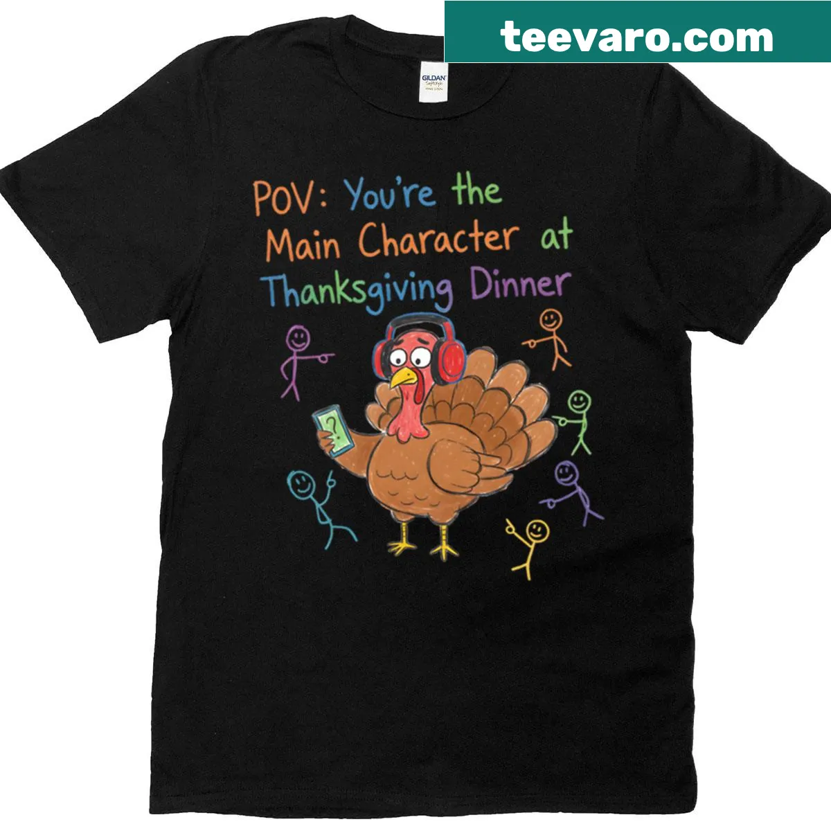 Funny 'Main Character Turkey' Thanksgiving t-shirt with humorous text — on a men's t-shirt