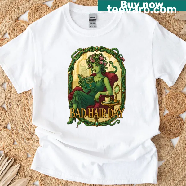 Illustration of Medusa with snake hair on a T-shirt